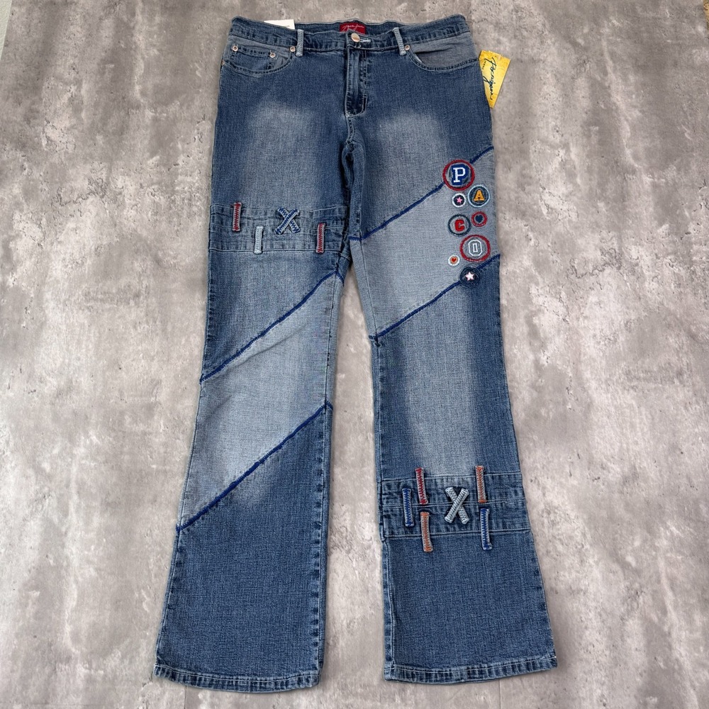Vintage Paco Jeans Womens 13 Blue Embroidered Flare Bootcut Distressed Y2K NWT